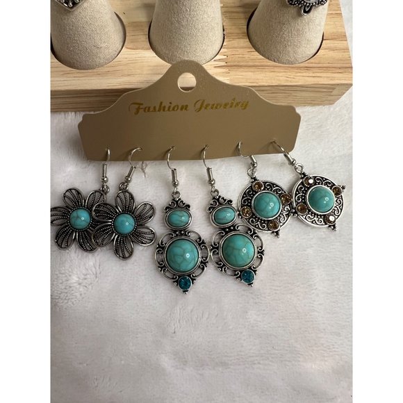 Ladies BOHO Turquoise Earrings and Ring Set of 6 - Picture 6 of 7